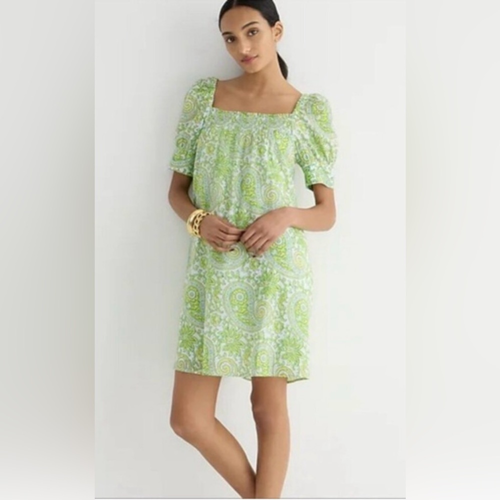J. Crew Green Paisley Bright Puff sleeve citrus cotton Mini Dress L